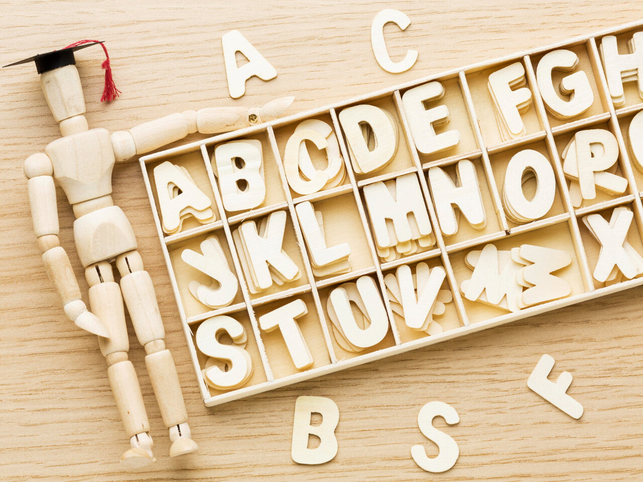 O que é gramática: um pequeno boneco de madeira usando um capelo ao lado de um quadro com as letras do alfabeto.