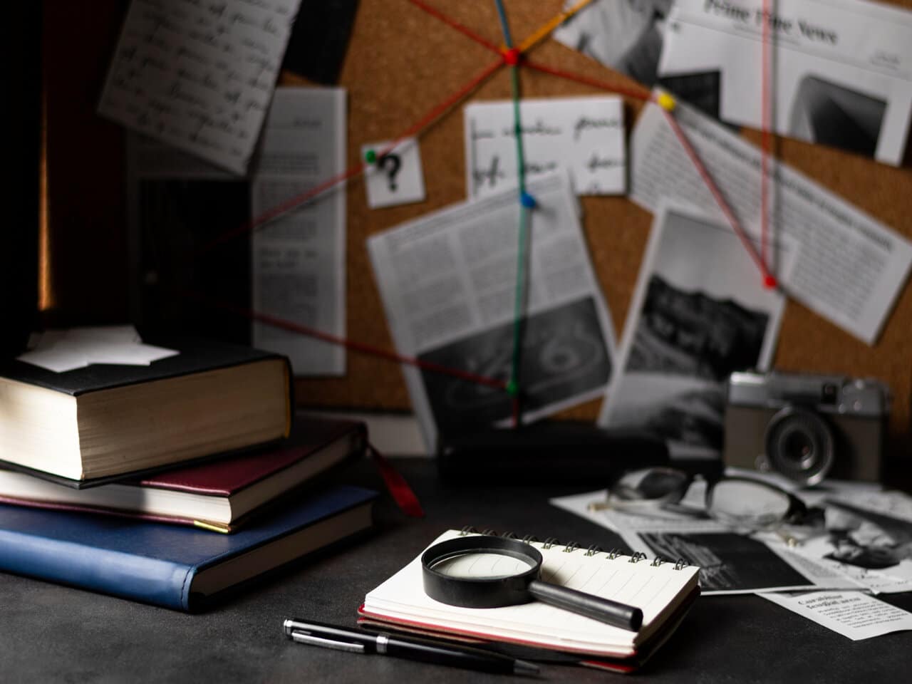 Ciências Criminais: mesa de um investigador con diversos materiais de investigação, como lupa, documentos e fotos. Na parede, um quadro com imagens e recortes de reportagens.