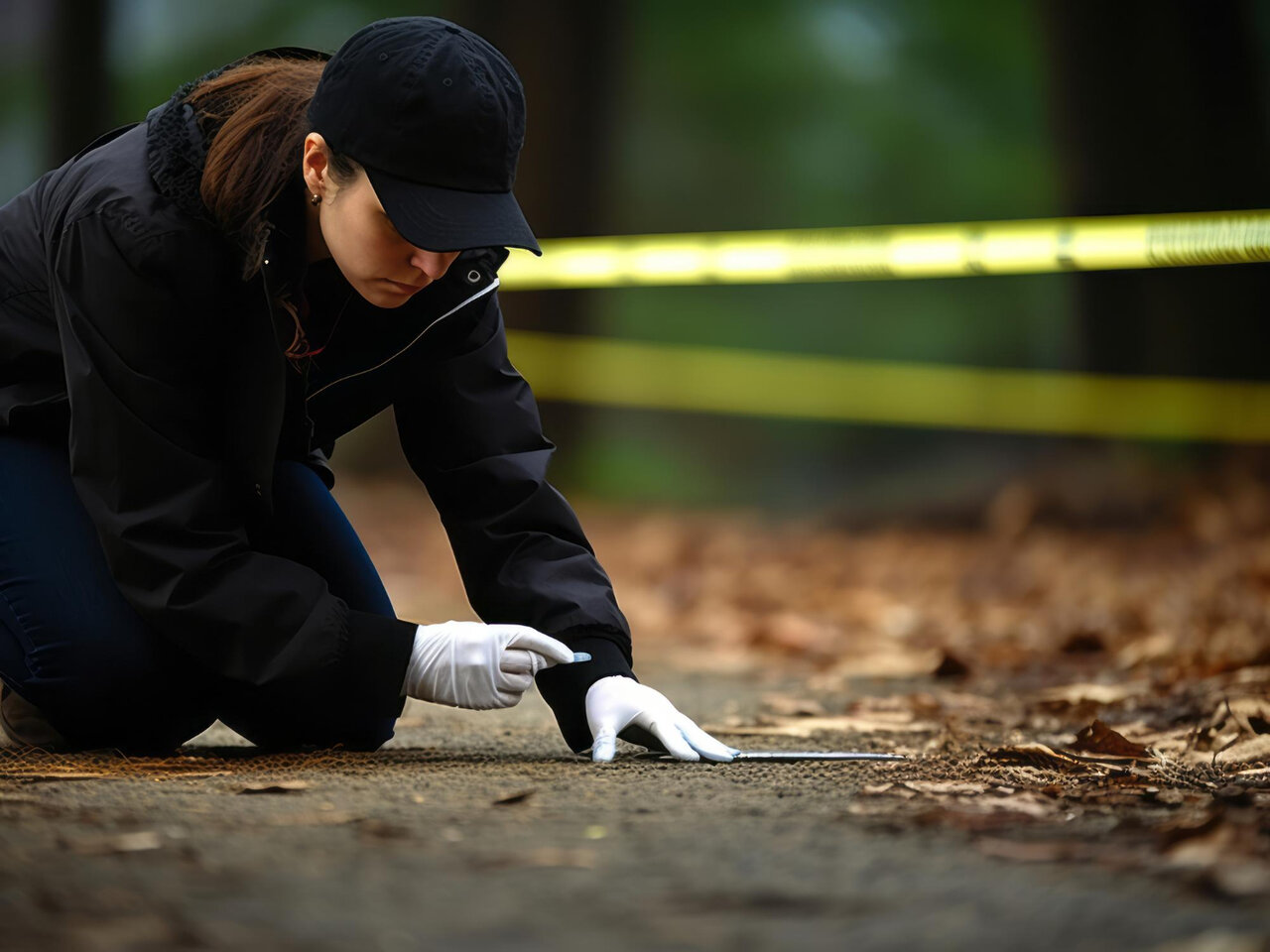Investigadora especialista em estudos forense e criminal examinando o chão de uma área isolada em busca de evidências.