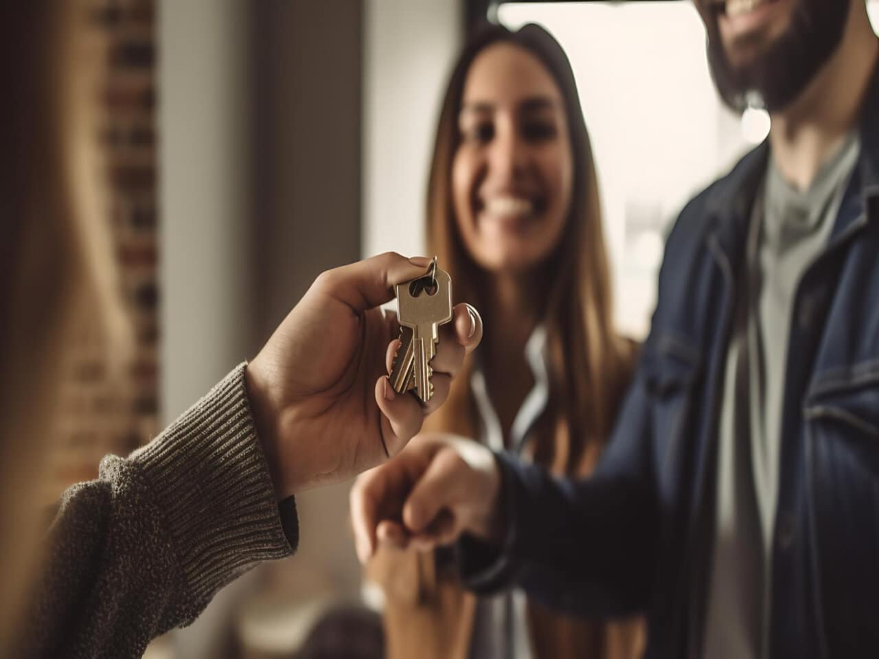 Agente de negócios imobiliários entregando as chaves de uma casa para um casal de clientes.