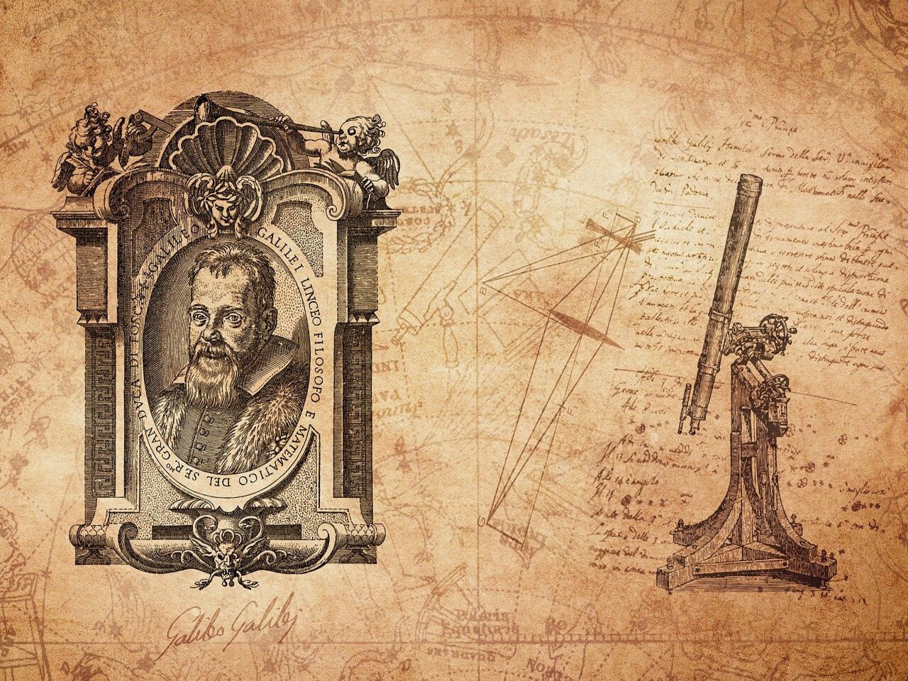 Filosofia moderna: Ilustração de uma foto de Galileu Galilei e, ao lado, o desenho de um telescópio, uma de suas maiores invenções.