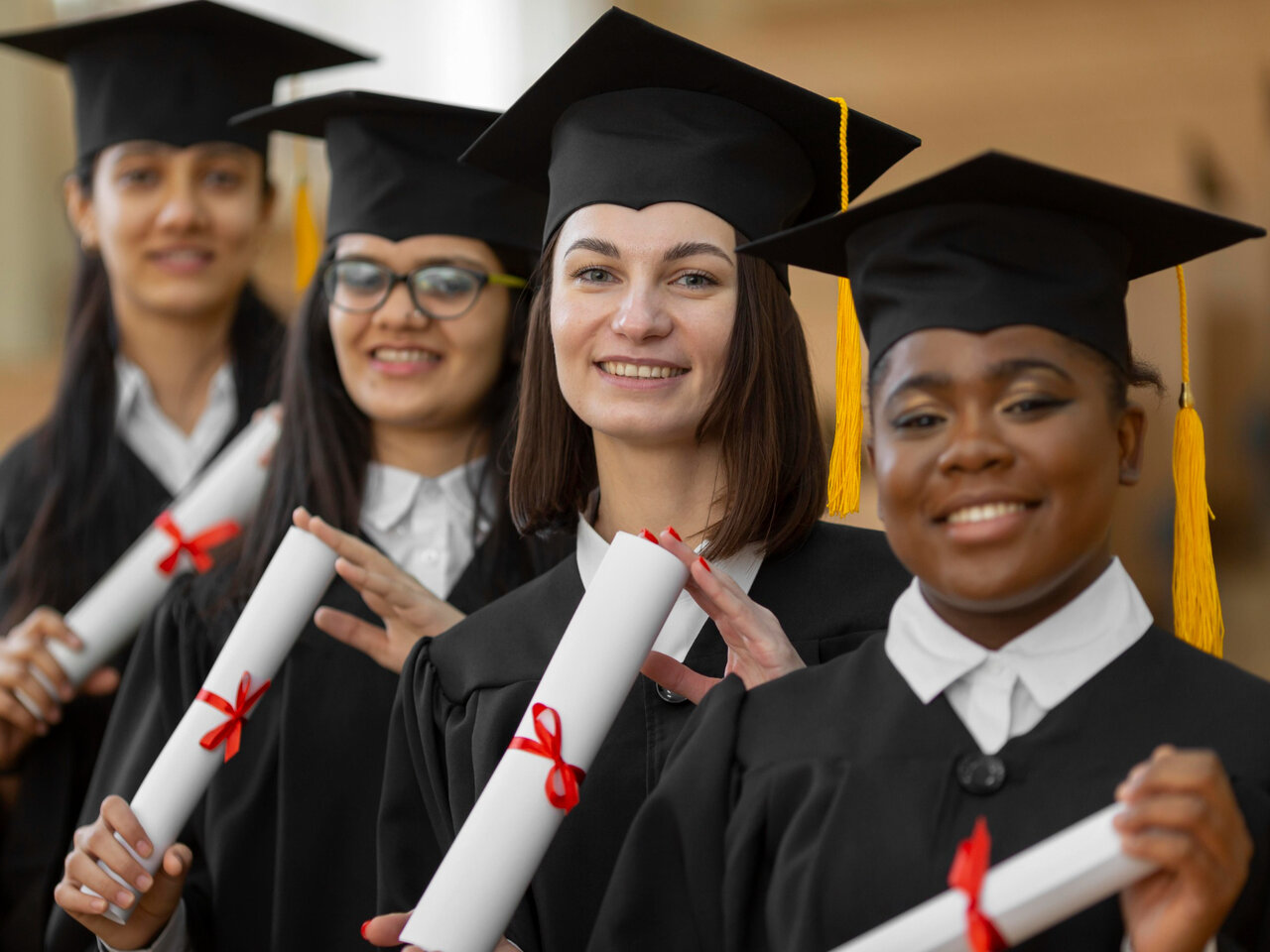 Dicas para recém-formado: Alunas recém-formadas utilizando a tradicional beca e capelo, enquanto seguram seus diplomas.
