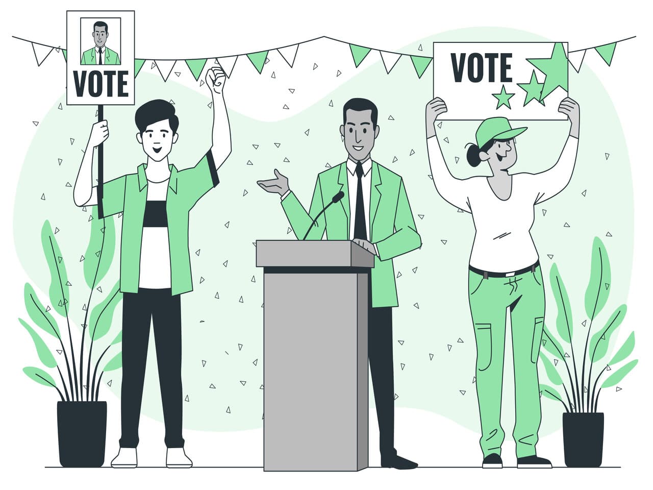 Ciências políticas: ilustração de um candidato político em um palanque falando para a população. Ao seu lado, dois assessores segurando placas com a foto do candidato e pedidos de votos.