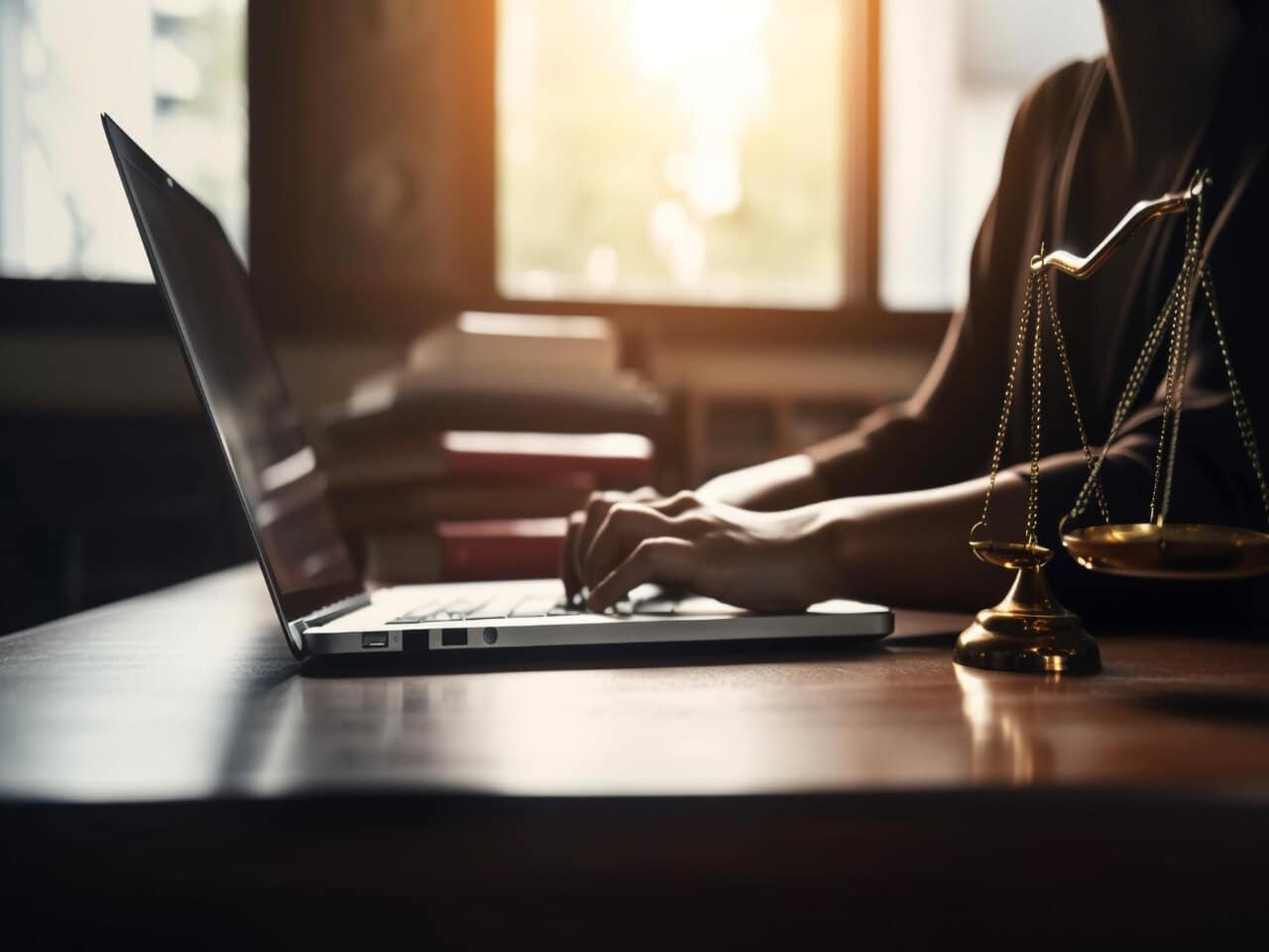 Futuro do direito: advogada em seu escritório utilizando um notebook para trabalhar. Ao seu lado, em cima da mesa, uma balança da justiça, um dos símbolos do direito.