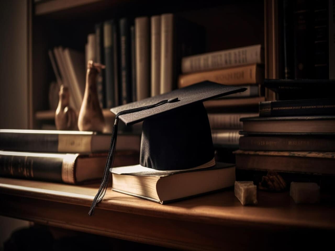 Plataforma GoOAB: capelo em cima de alguns livros de direito, sobre a bancada de uma biblioteca