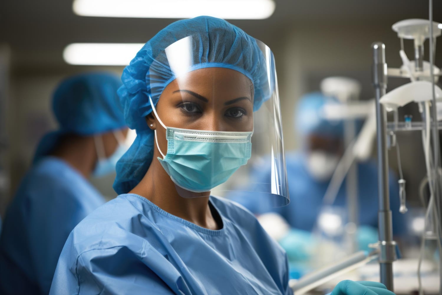Especialista em enfermagem em urgência e emergência em uma sala do centro cirúrgico, utilizando touca, máscara e protetor facial transparente, enquanto se prepara para um procedimento.