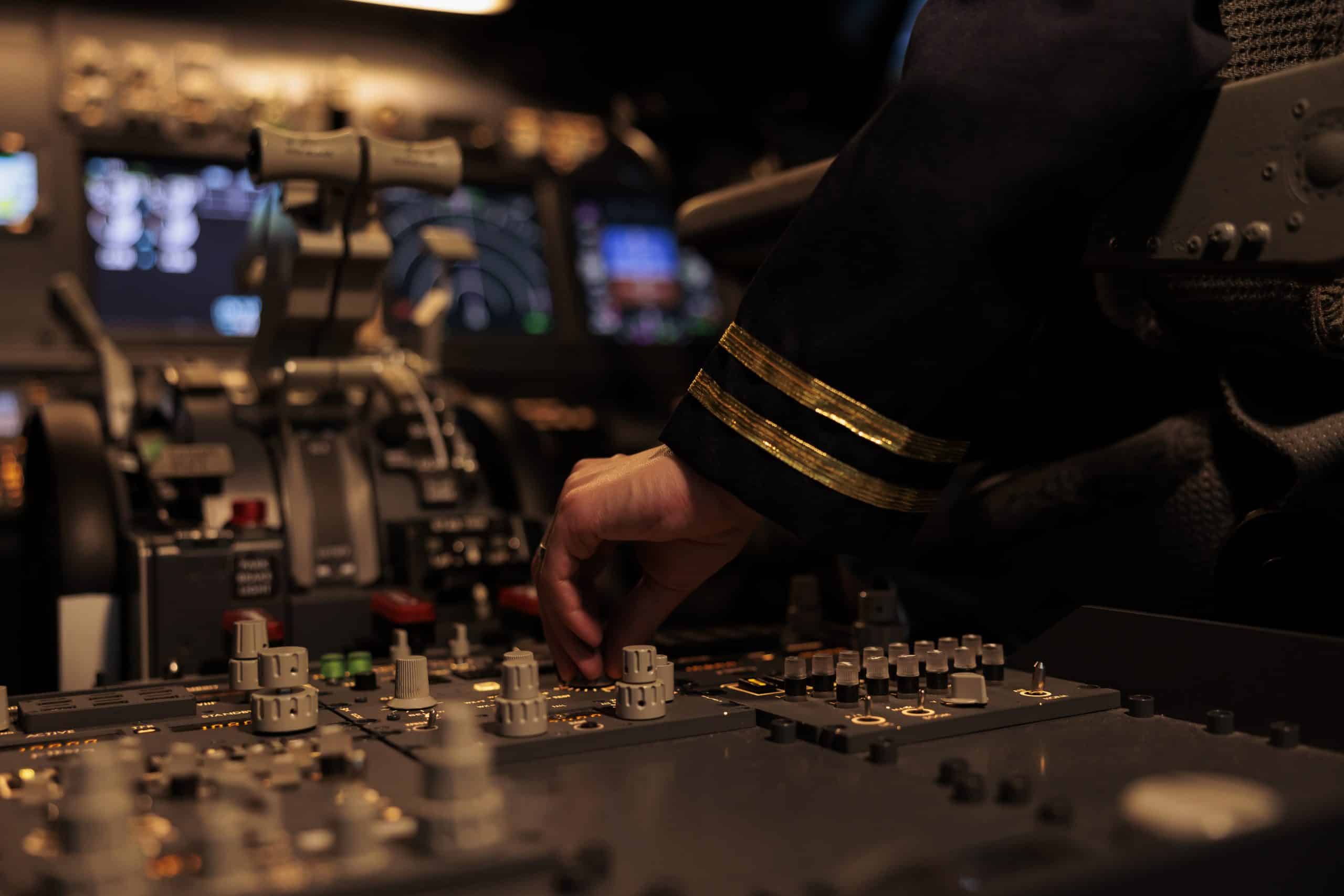 Faculdade de Ciências Aeronáuticas: imagem do braço de um piloto mexendo nos botões de um painel de controle, dentro de uma aeronave