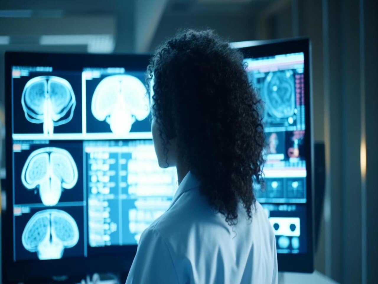 Especialista em imaginologia em um laboratório, analisando as imagens de uma tomografia computadorizada em uma tela de computador.