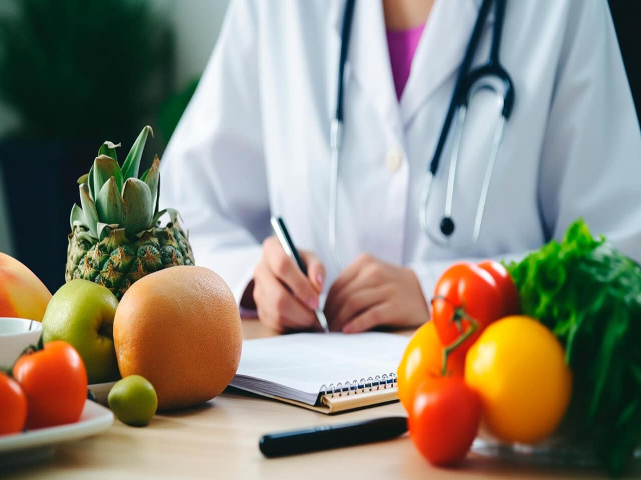 Especialista em nutrição clínica em seu consultório utilizando um uma caneta para escrever orientações em um caderno. Em cima da mesa, algumas frutas, verduras e legumes