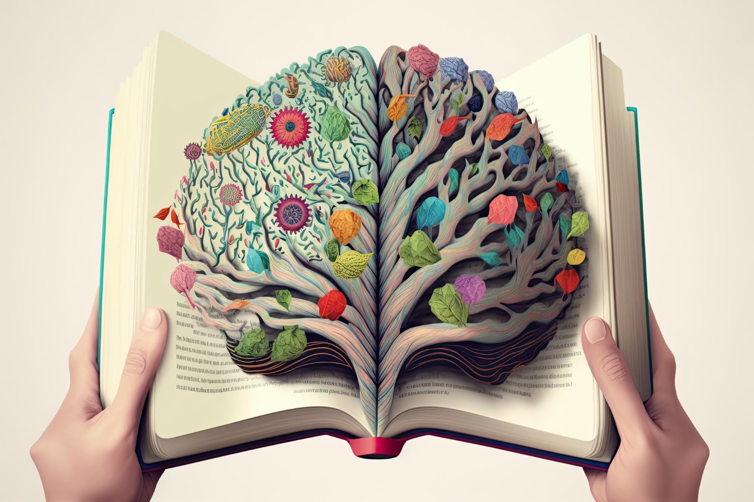 Livros de psicologia: ilustração de duas mãos segurando um livro aberto, Dentro de suas páginas, um desenho representando o cérebro humano e suas ramificações