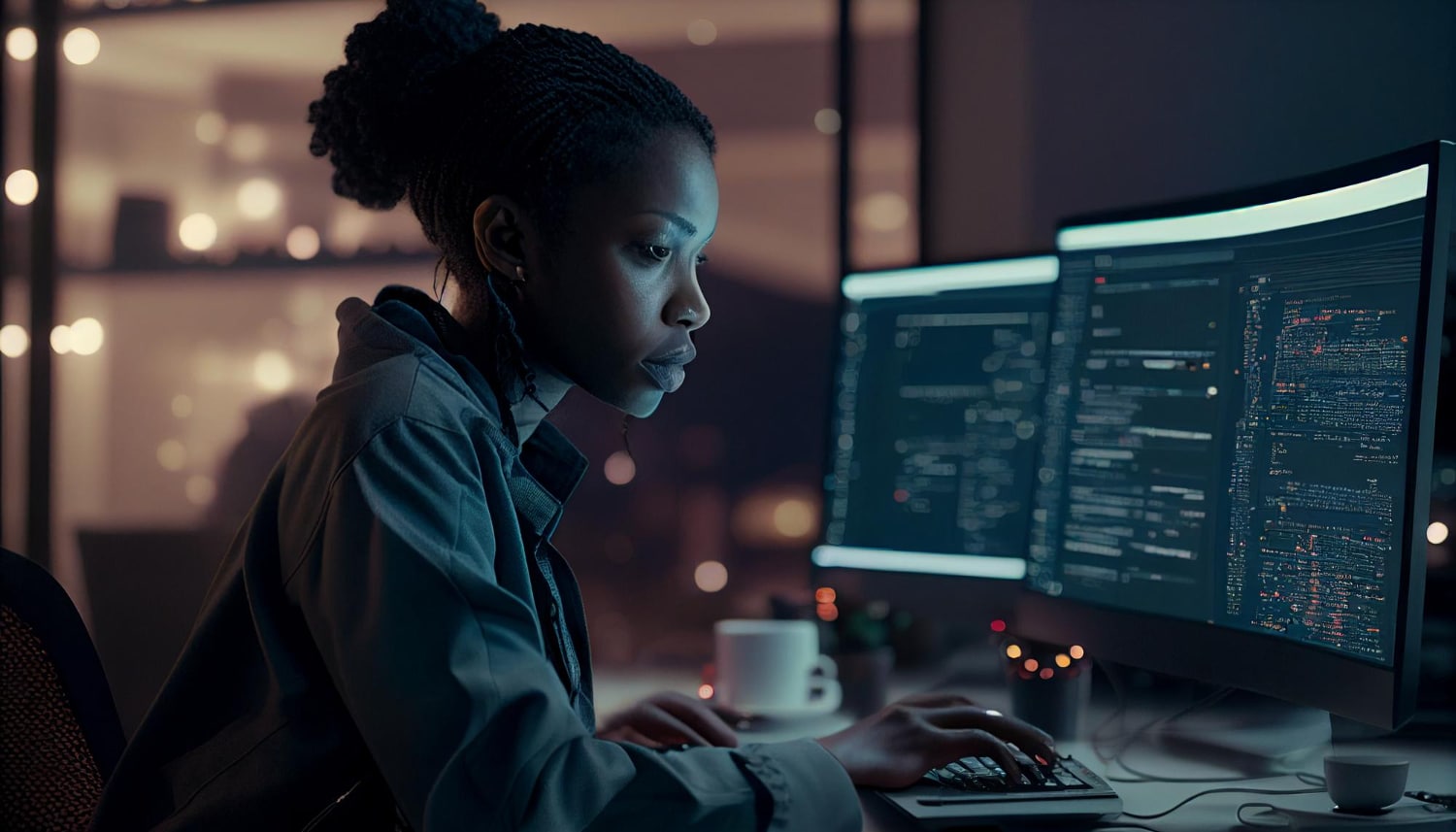 Mulher com curso técnico em Informática para Internet em um escritório, mexendo no computador enquanto trabalha no desenvolvimento de um site. Na tela, vários códigos de programação