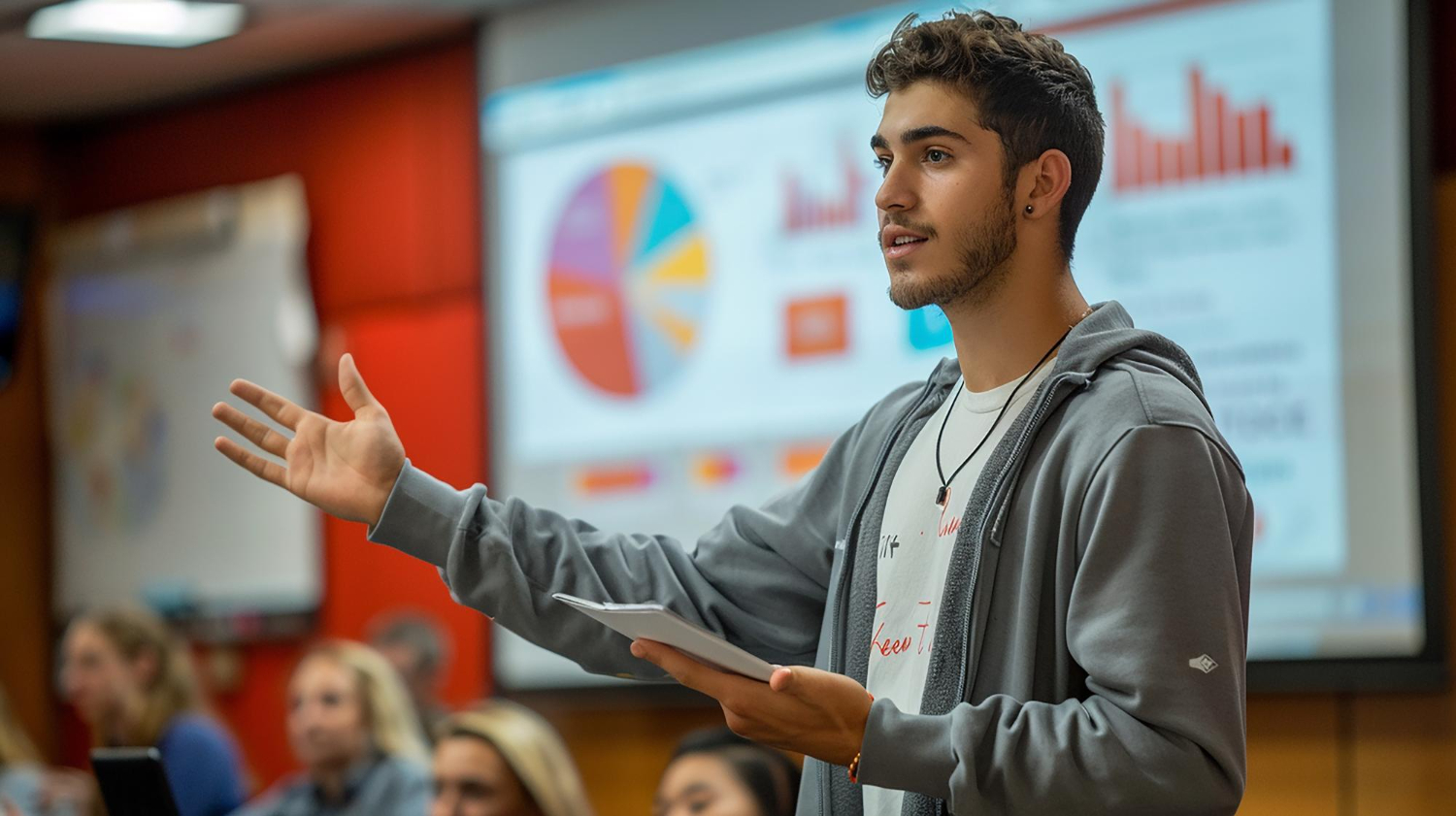 Jovem universitário em um auditório, segurando um tablet e fazendo a apresentação do TCC para uma banca examinadora. Ao fundo, slides com gráficos representando sua pesquisa.