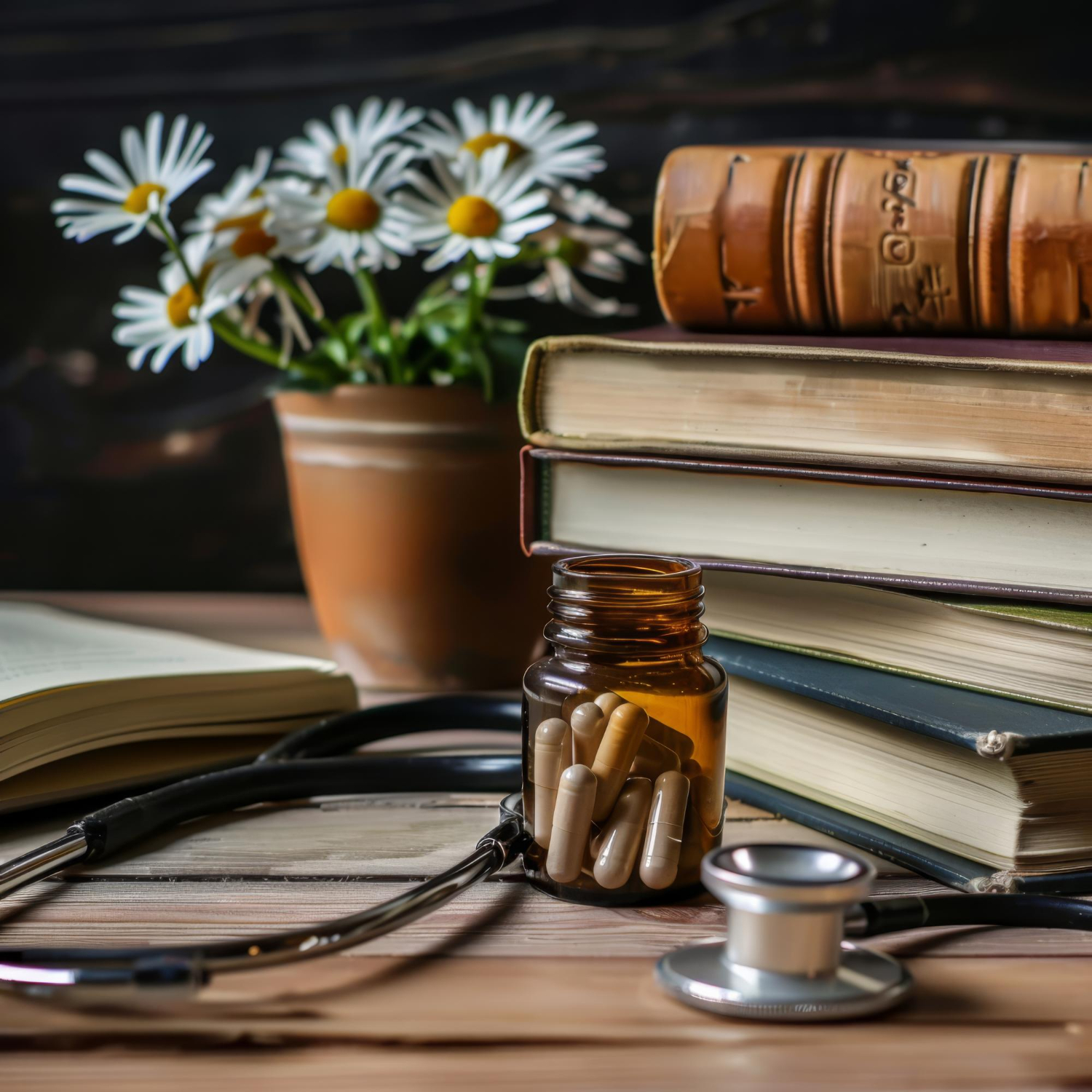 Uma mesa de madeira com alguns livros antigos empilhados, um frasco de remédio, um vaso com uma planta e um estetoscópio, representando a história da Medicina.