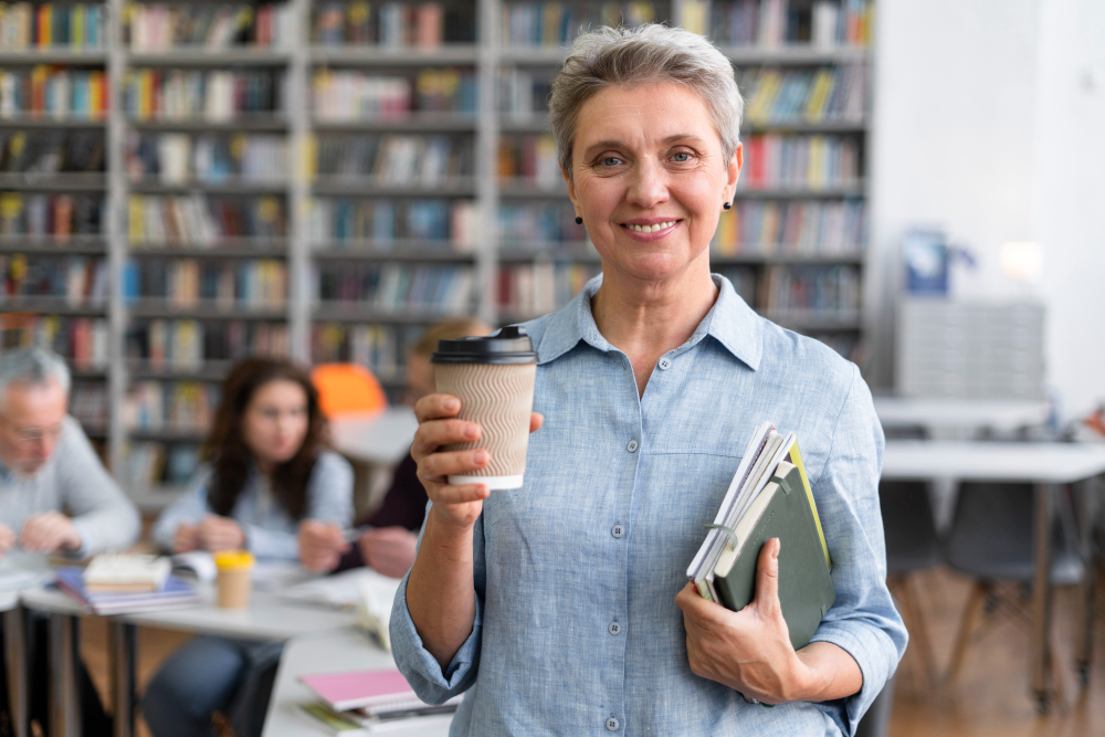 Professora com carreira acadêmica em uma sala de reuniões, segurando alguns livros e um copo de café. Ao fundo, outros integrantes do corpo docente.
