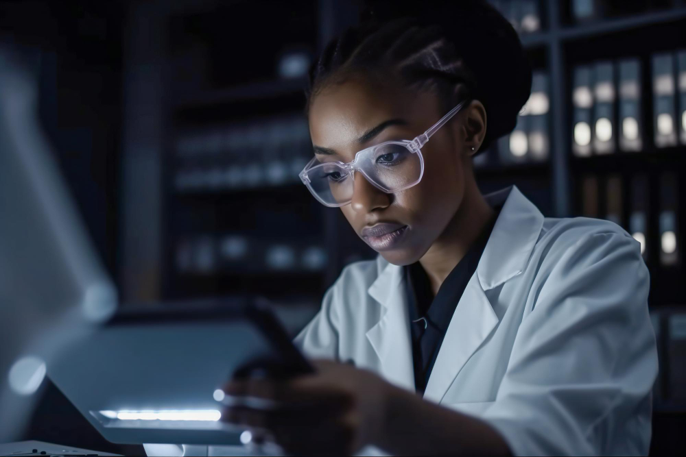 Jovem cientista com um jaleco branco, em um laboratório utilizando um tablet para realizar uma pesquisa científica.