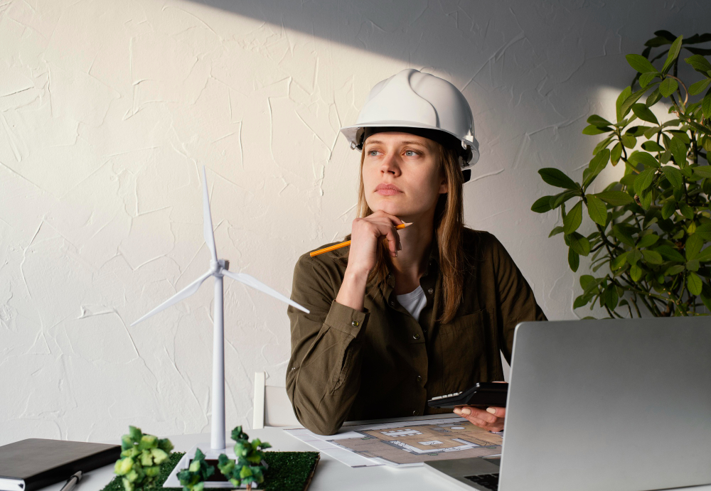 Profissional formada em Engenharia Ambiental e Sanitária usando um capacete branco em seu escritório, trabalhando em um projeto. Em sua mesa, estão um notebook, pequenas plantas e uma miniatura de uma turbina eólica