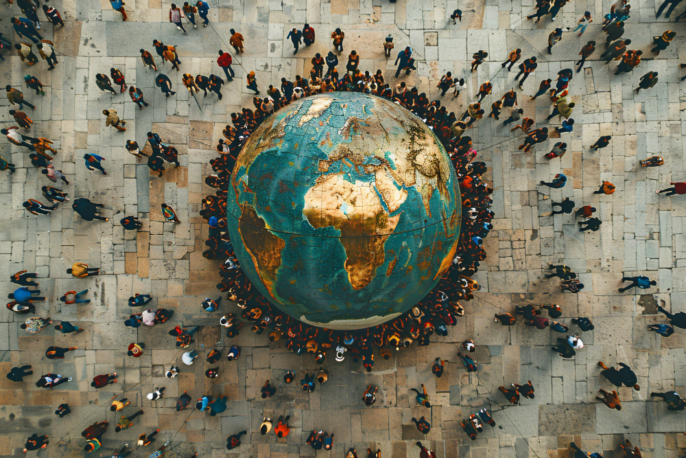 Imagem aérea de um globo terreste em uma praça, com diversas pessoas em volta, representando a globalização
