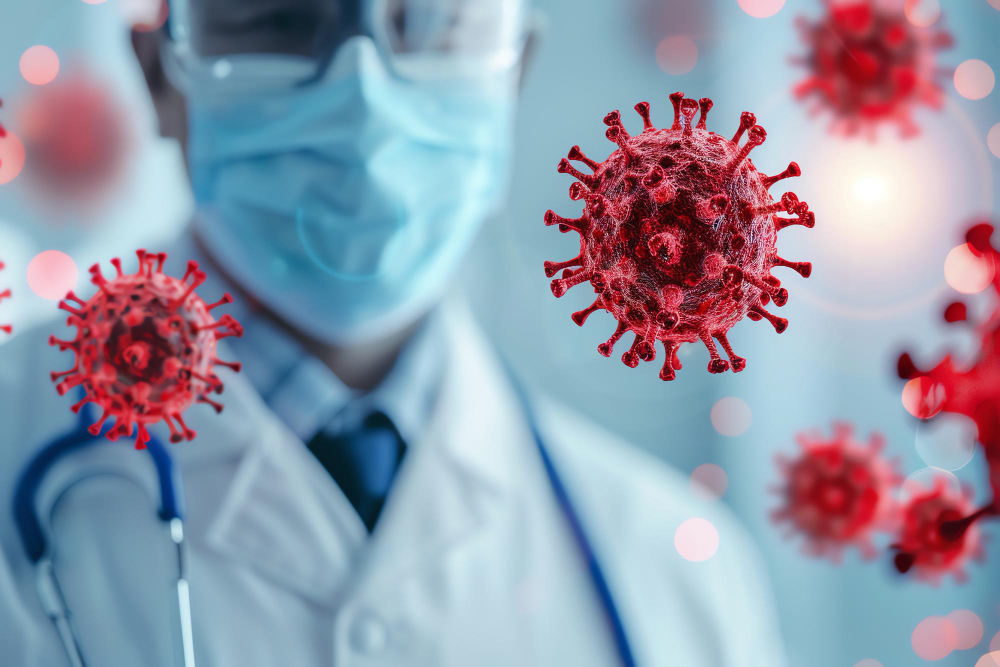 O que é imunologia: médico utilizando máscara e estetoscópio no pescoço com algumas células vermelhas contaminadas em 3D à sua frente