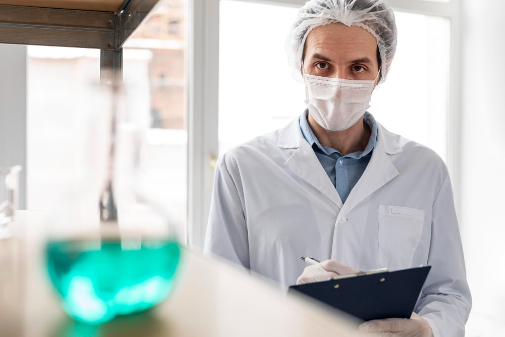 O que é toxicologia: médico em um consultório utilizando máscara e segurando uma prancheta com prontuário, enquanto olha para um frasco de produto químico e cima de uma prateleira.