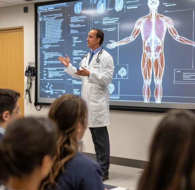 Médico na sala de uma faculdade apresentando uma aula de anatomia humana. À sua frente, alguns alunos sentados assistindo e, às suas costas, imagens de um modelo 3d do corpo humano reproduzidos por um projetor.
