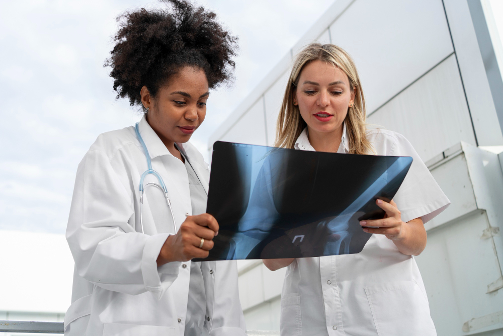 Duas estudantes de Medicina segurando uma chapa de raixo-x, enquanto analisam a imagem durante a aula de traumatologia