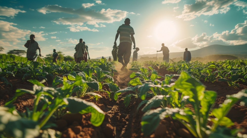 Agricultores andando em um campo, enquanto fazem a colheita de legumes, representando a revolução agrícola