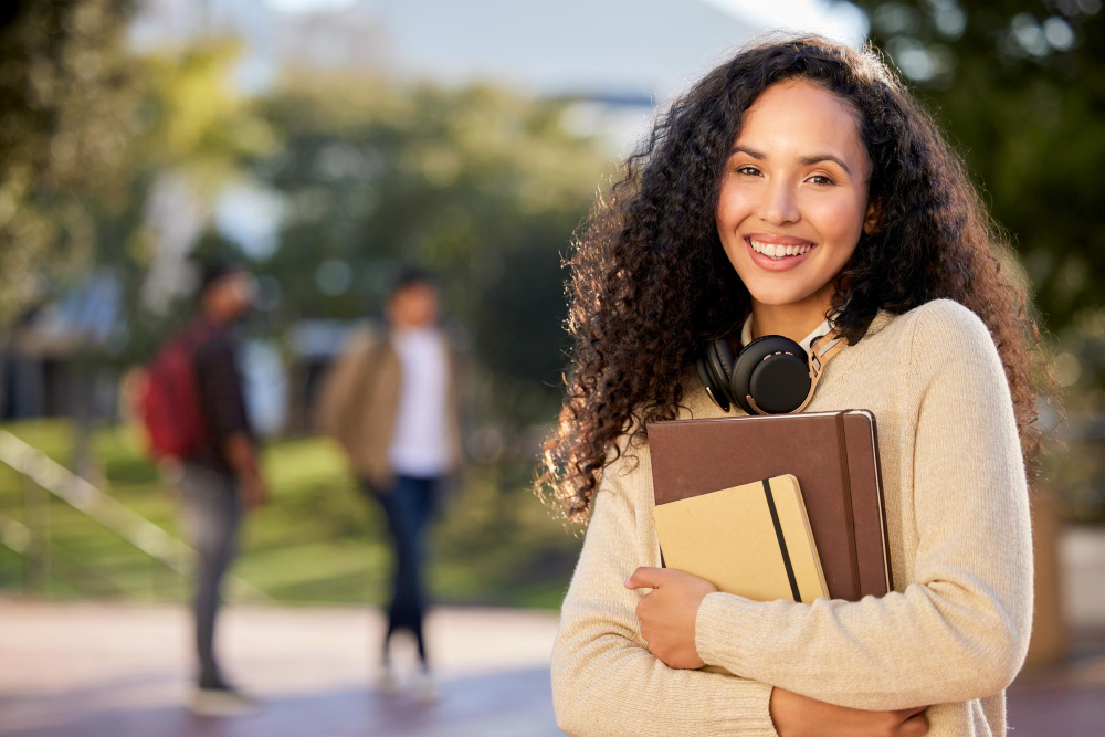 Estudante na área externa de uma faculdade sorrindo para a câmera, segurando dois fichários e com um fone de ouvido no pescoço. Ela está aproveitando a vida universitária