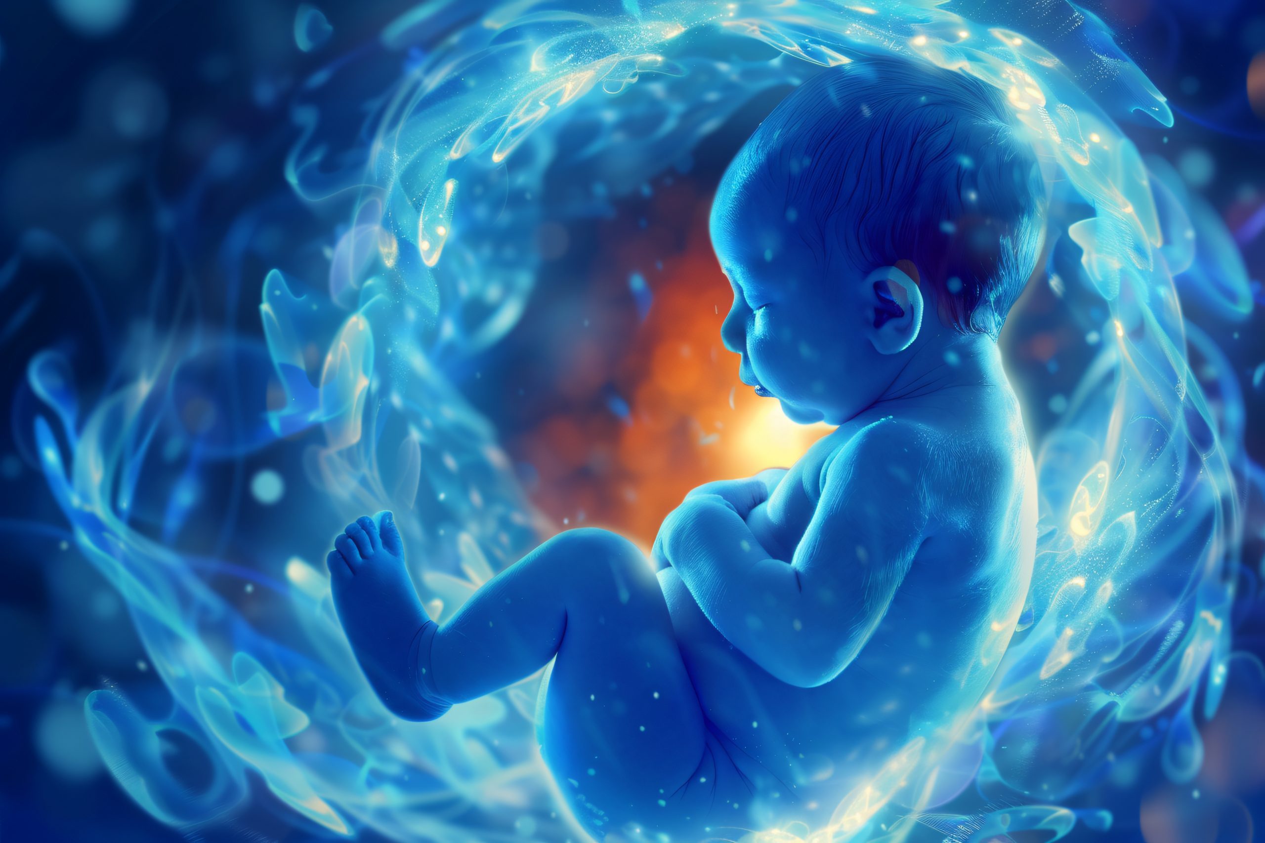 Ilustração de um bebê dentro de um útero em seu estágio final de desenvolvimento, representando a embriologia humana