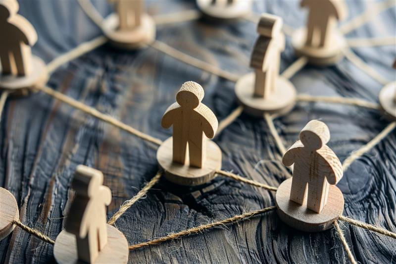 Miniaturas de madeira simulando seres humanos, conectadas umas à outras de maneira organizada, representando uma estrutura social.