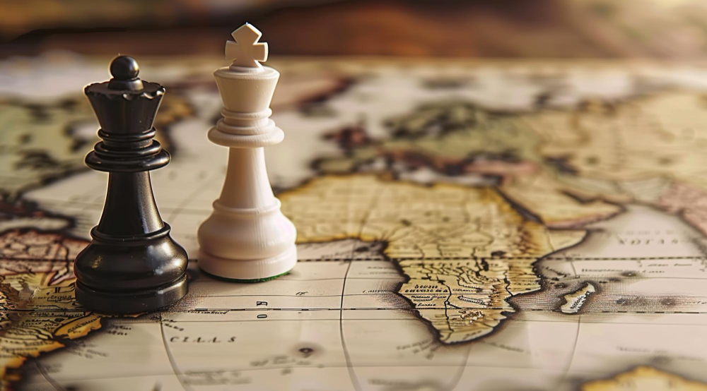 Peças de xadrez rei e rainha, posicionados sobre um mapa, representando o que é geopolítica