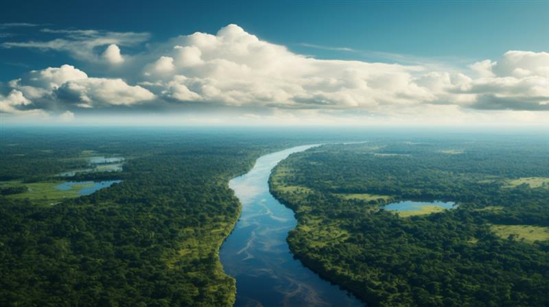 Imagem de um grande rio cercado por uma vegetação repleta de árvores em volta, representando o que é hidrografia.