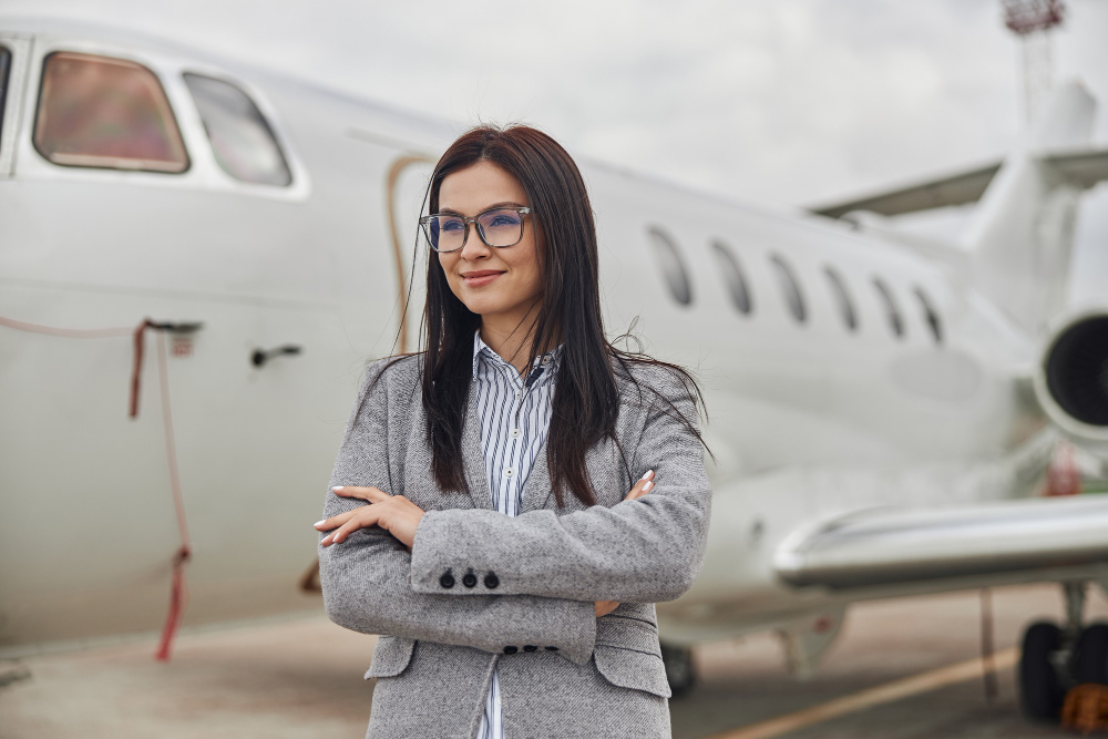 Especialista em Safety em Aviação no pátio de um aeroporto, posando para a foto sorridente e com os braços cruzados em frente a um avião.