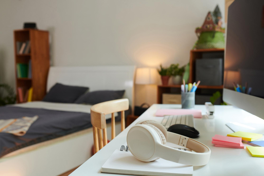Parte do quarto que se tornou ambiente de estudo, com uma mesa espaçosa, cadeira confortável e alguns itens sobre a mesa, como fone de ouvido, lápis e caderno