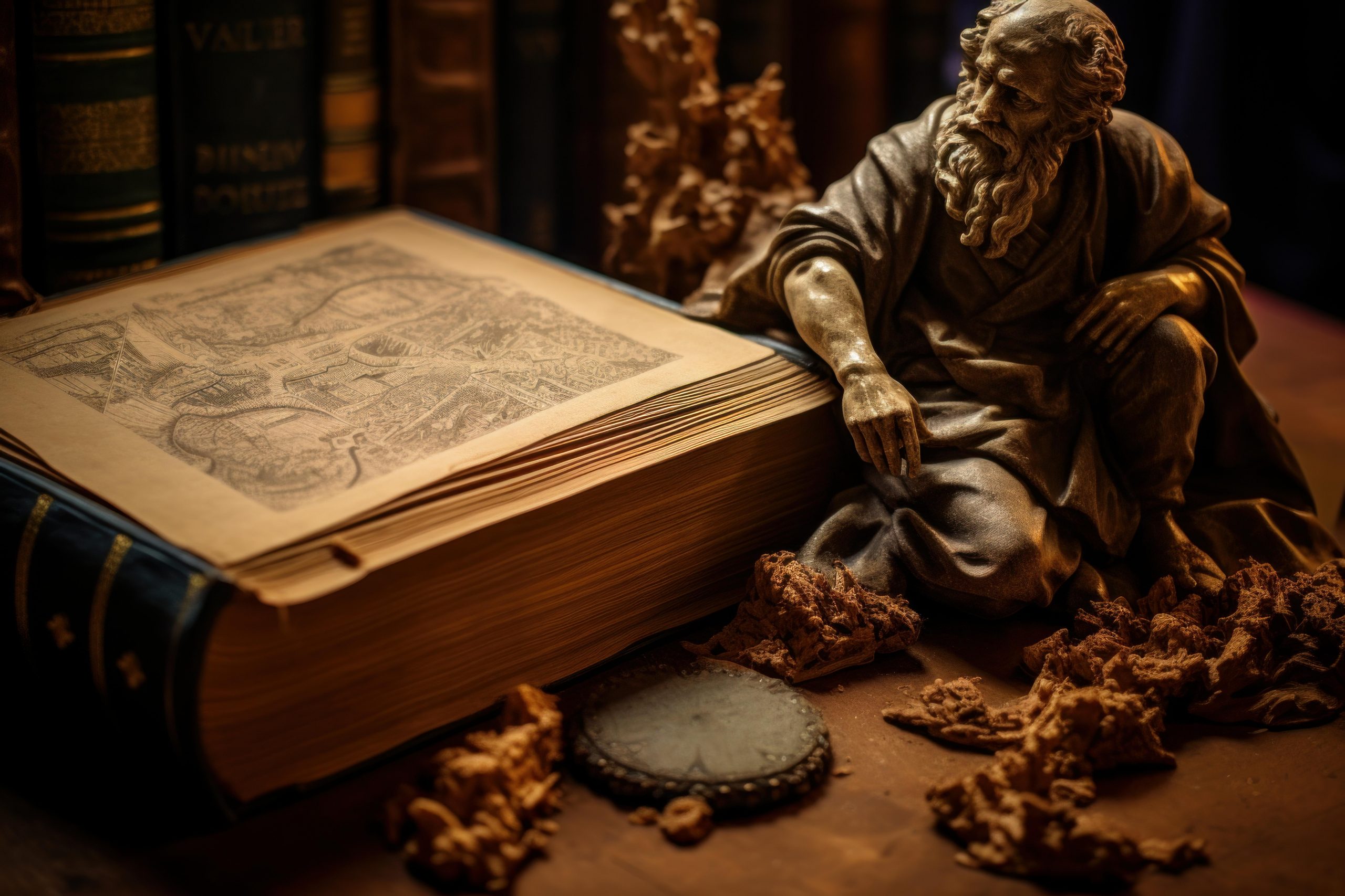 Pequena estatueta de um filósofo com barba grande ao lado de um livro volumoso de filosofia, representando a filosofia medieval.