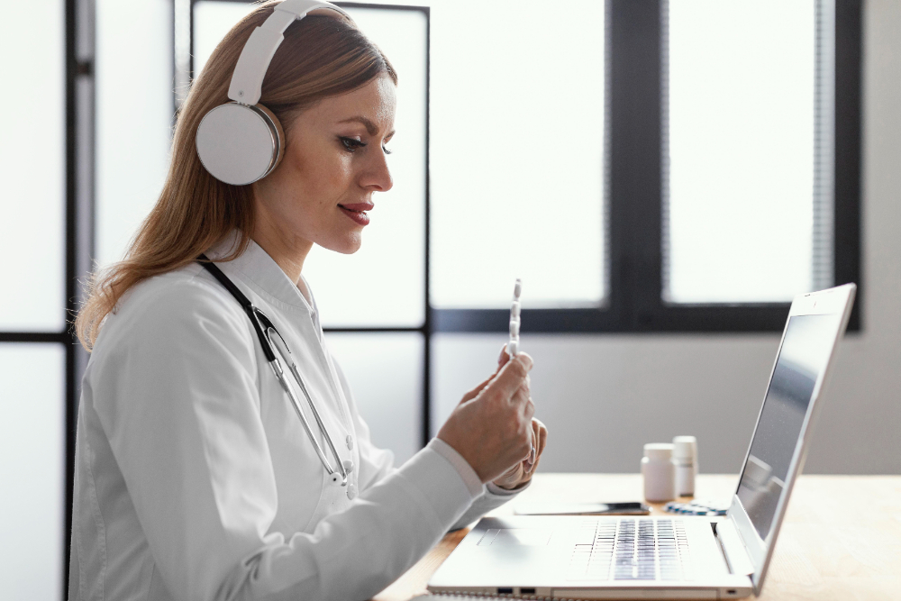 Médica em seu consultório utilizando u fone de ouvido para ouvir podcasts de medicina, enquanto trabalha no notebook