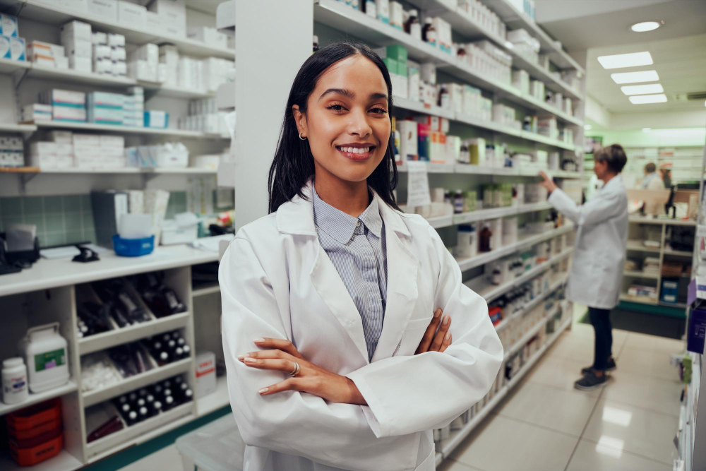 Farmacêutica posando sorridente para a foto em uma farmácia. Ao fundo prateleiras com remédios.