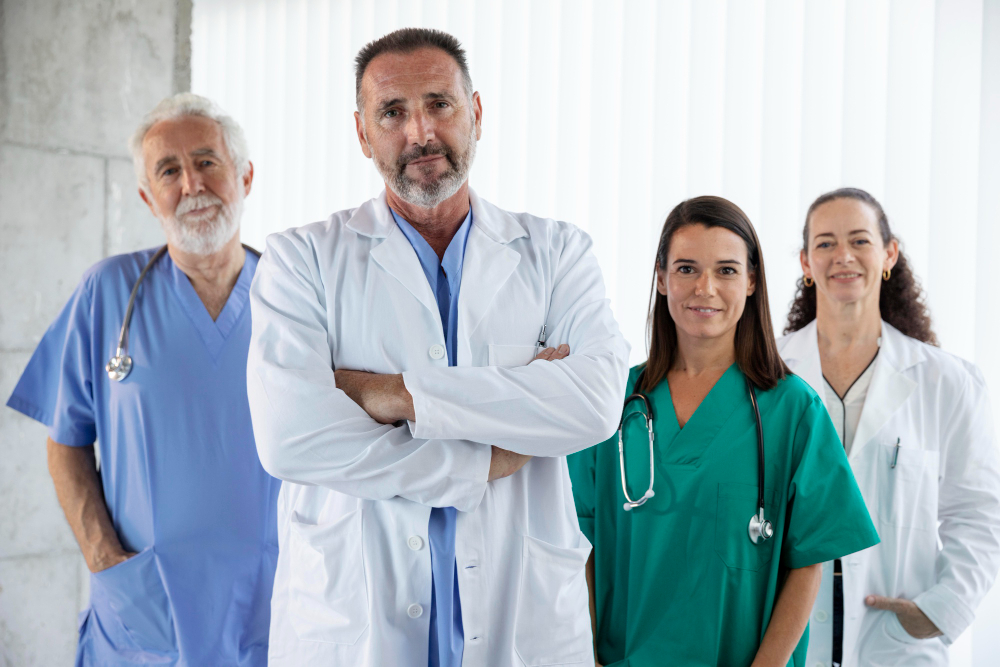 Médicos e enfermeiros que fazem atendimento em unidades de saúde pública, lado a lado posando para a foto