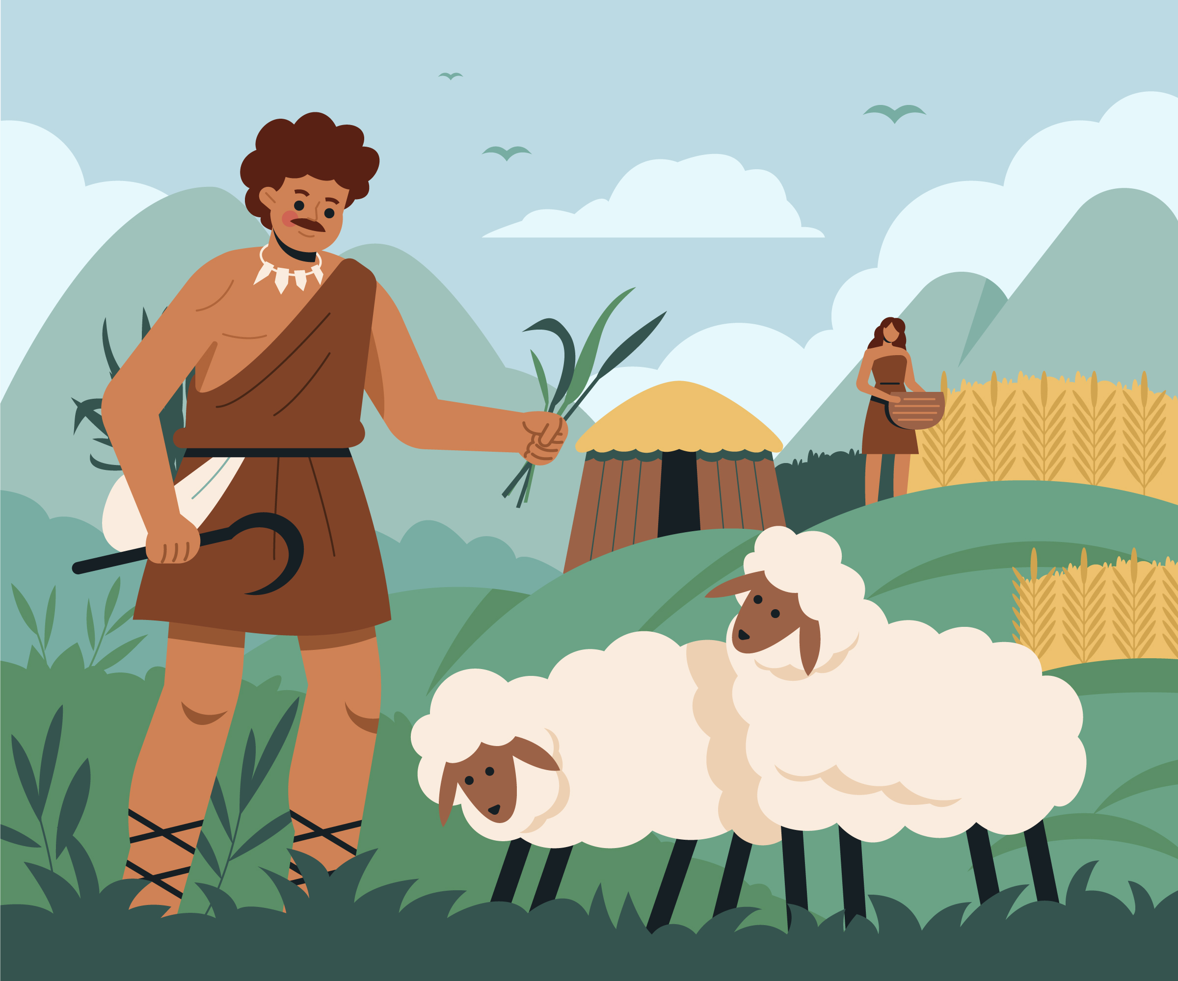 Ilustração representando o Período Neolítico, mostrando um homem segurando ferramentas e plantas enquanto cuida de ovelhas. Ao fundo, há uma mulher colhendo cereais, uma cabana de palha e montanhas, simbolizando a transição para a agricultura e a domesticação de animais.
