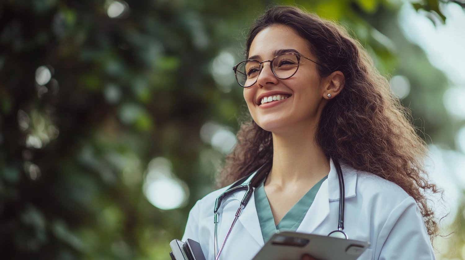 Estudante sorridente na área externa do campus, utilizando um jaleco e um estetoscópio no pescoço, representando a saúde mental na faculdade de Medicina