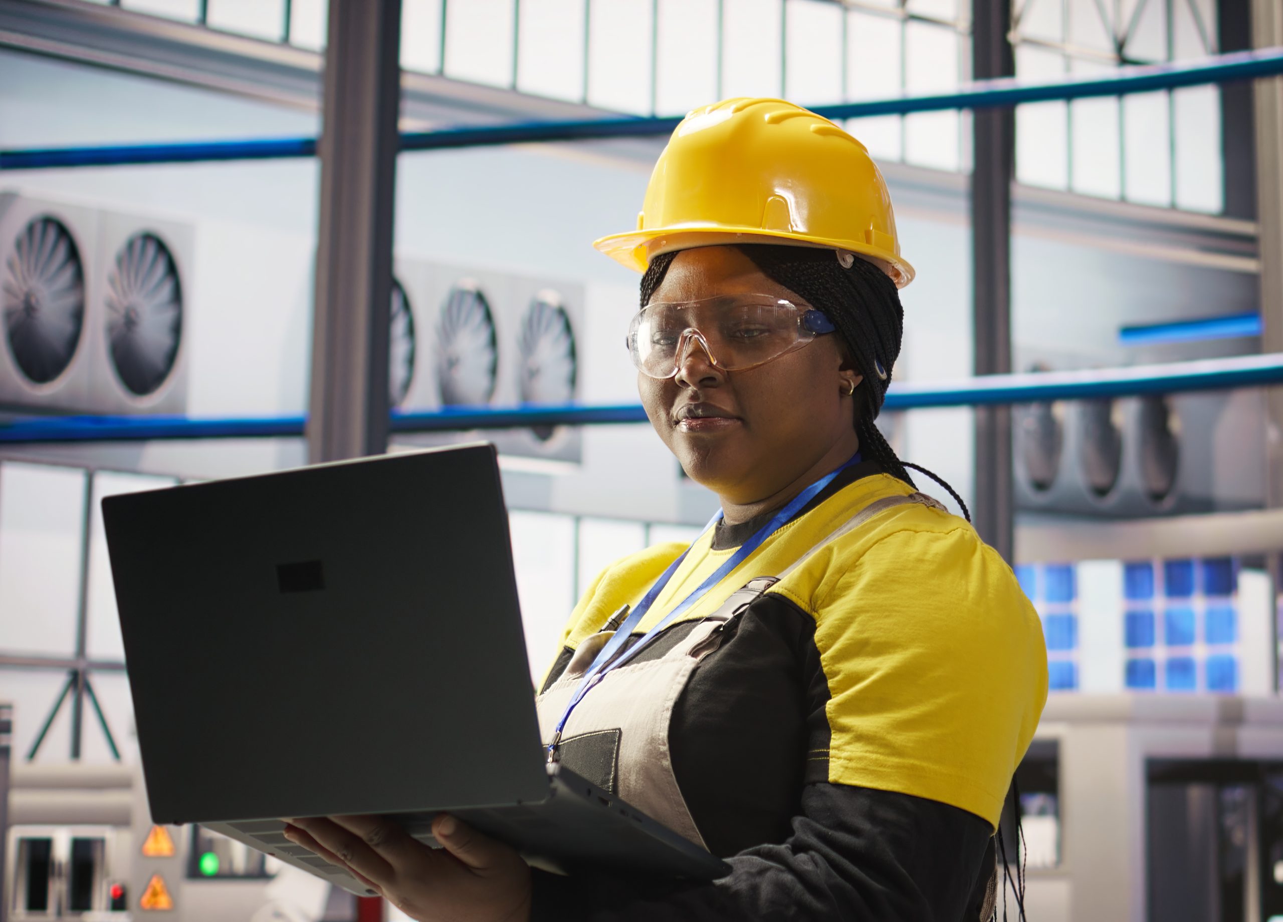 Engenheira em uma fábrica utilizando um notebook, representando a presença das mulheres na engenharia